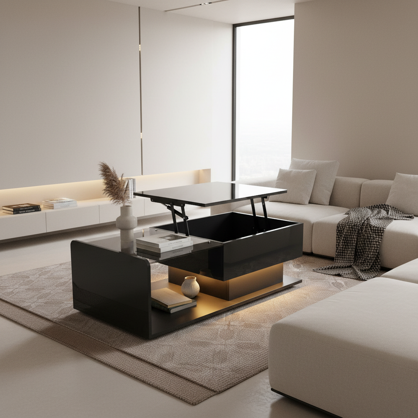 Mirella High-Gloss Lift-Top Coffee Table with LED Accent Lighting, Black