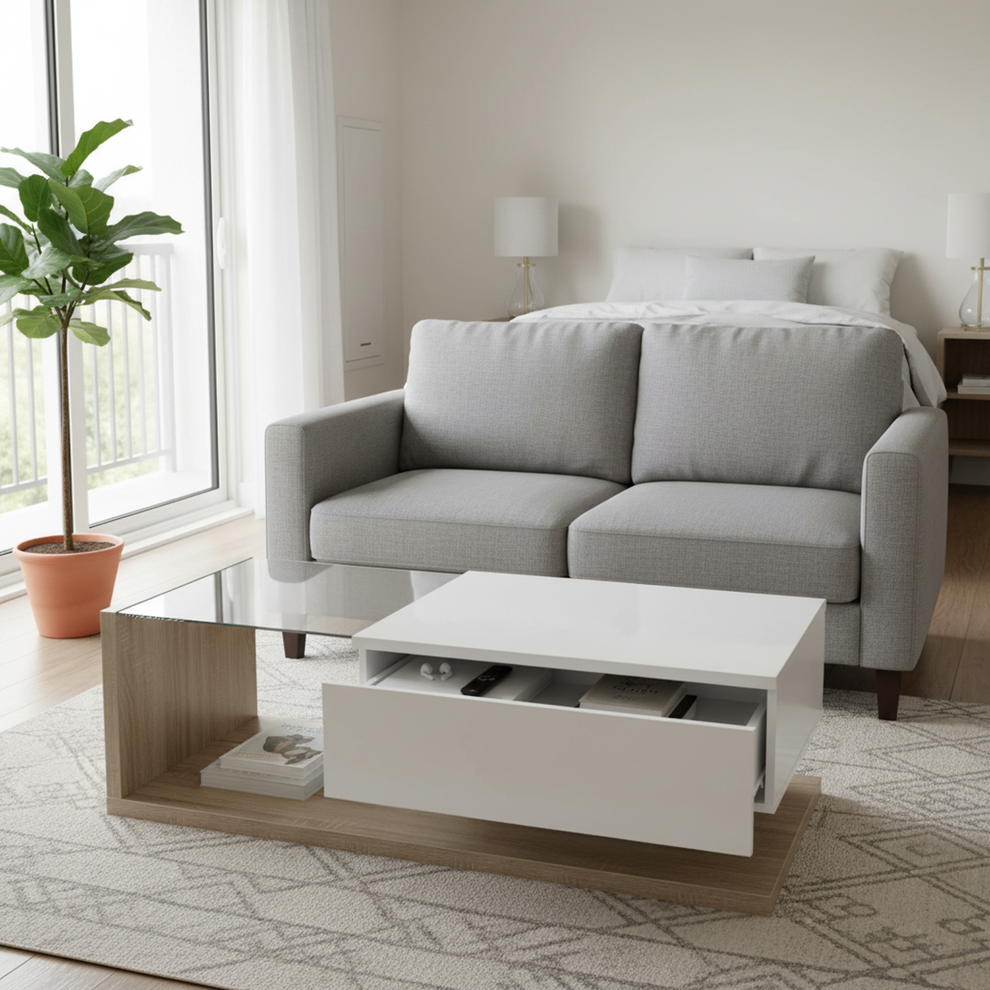 Cavara High-Gloss LED Coffee Table with Glass Top and Storage, White & Wood-Grain