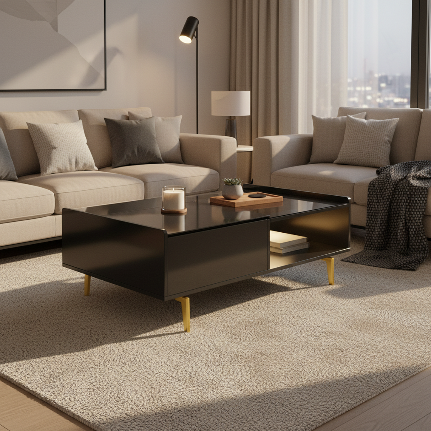 Aurora High-Gloss LED Lift-Top Coffee Table with Hidden Storage, Black