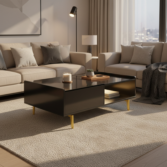 Aurora High-Gloss LED Lift-Top Coffee Table with Hidden Storage, Black