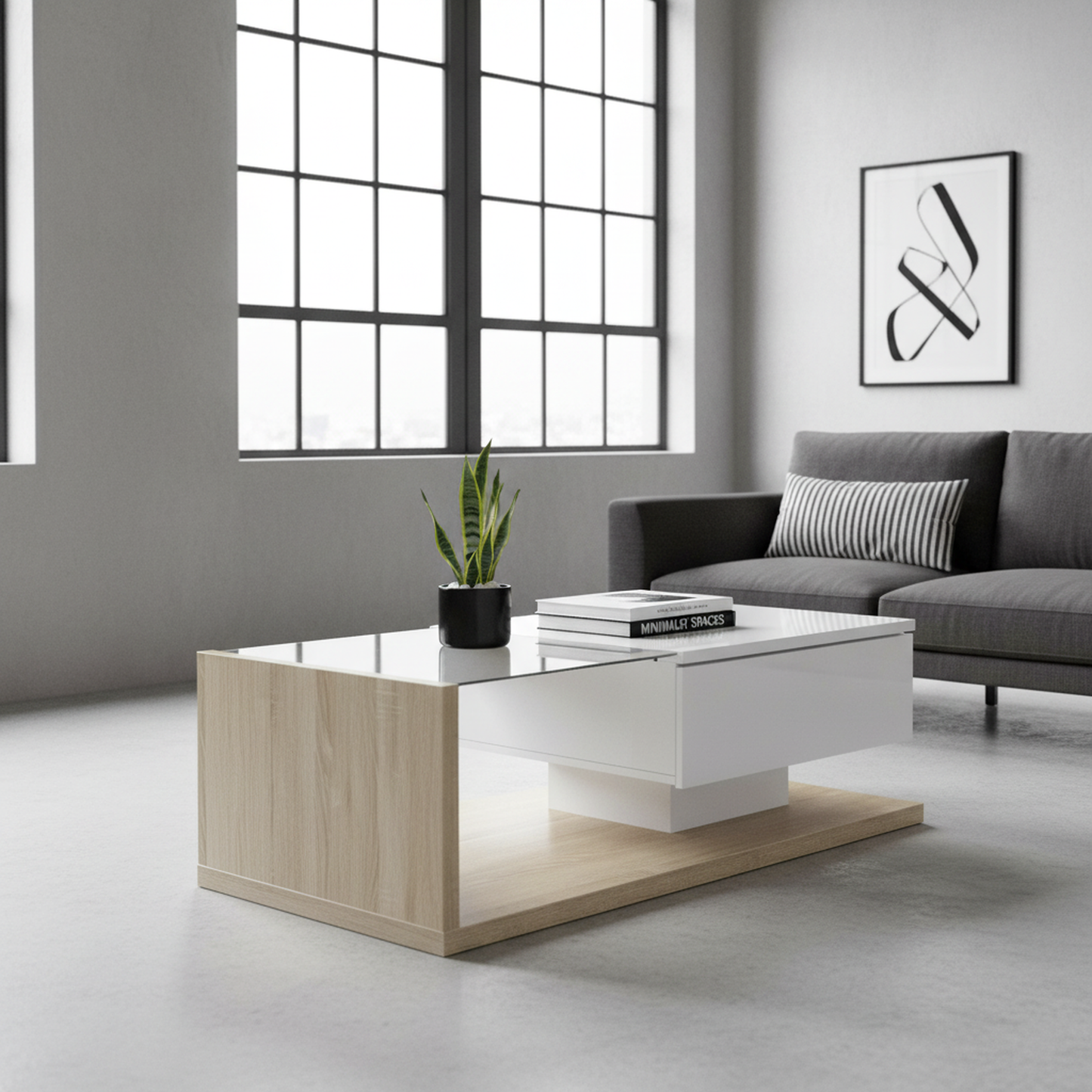 Cavara High-Gloss LED Coffee Table with Glass Top and Storage, White & Wood-Grain