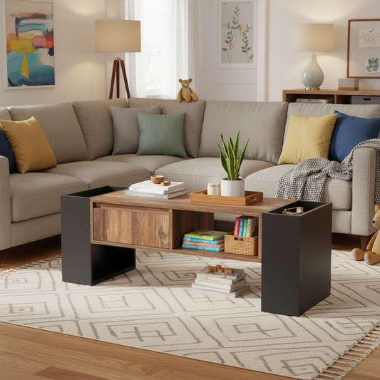 Ravenna Wood-Pattern Coffee Table with Open Side Storage and Drawer, Wood/Grey-Black