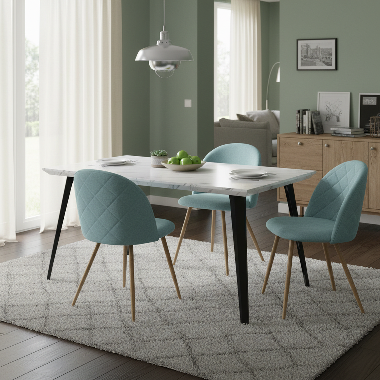 Stan White Marble Dining Table Set with Puz Side Chairs, 5-Piece Set, Aloe Fabric