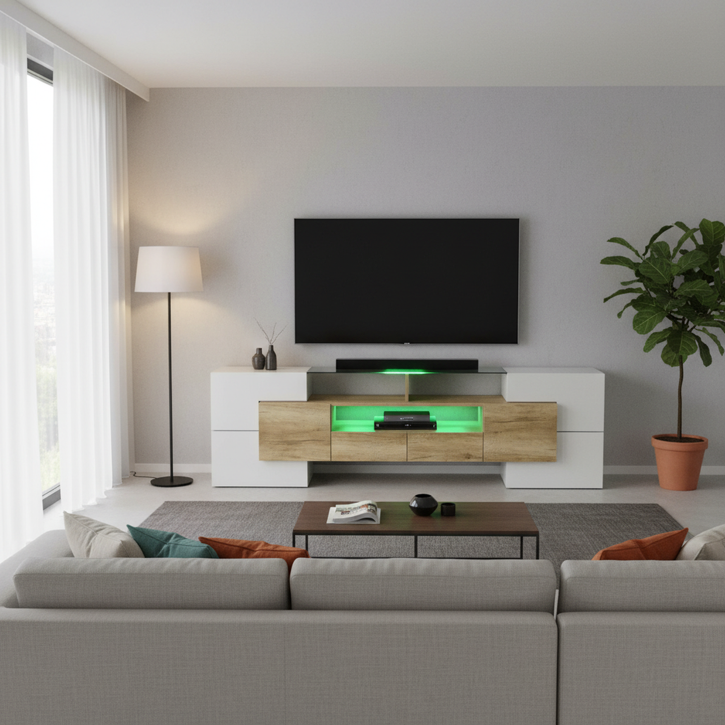 Yorkton TV Stand High-Gloss Modern with LED Lights, 78.7", White and Natural Oak