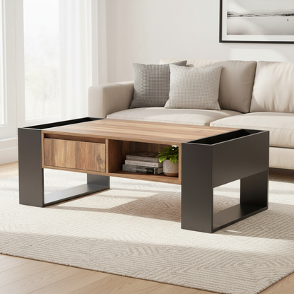 Ravenna Wood-Pattern Coffee Table with Open Side Storage and Drawer, Wood/Grey-Black