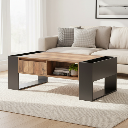 Ravenna Wood-Pattern Coffee Table with Open Side Storage and Drawer, Wood/Grey-Black