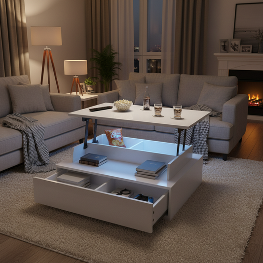 Evalo High-Gloss LED Lift-Top Coffee Table with Drawer Storage, White