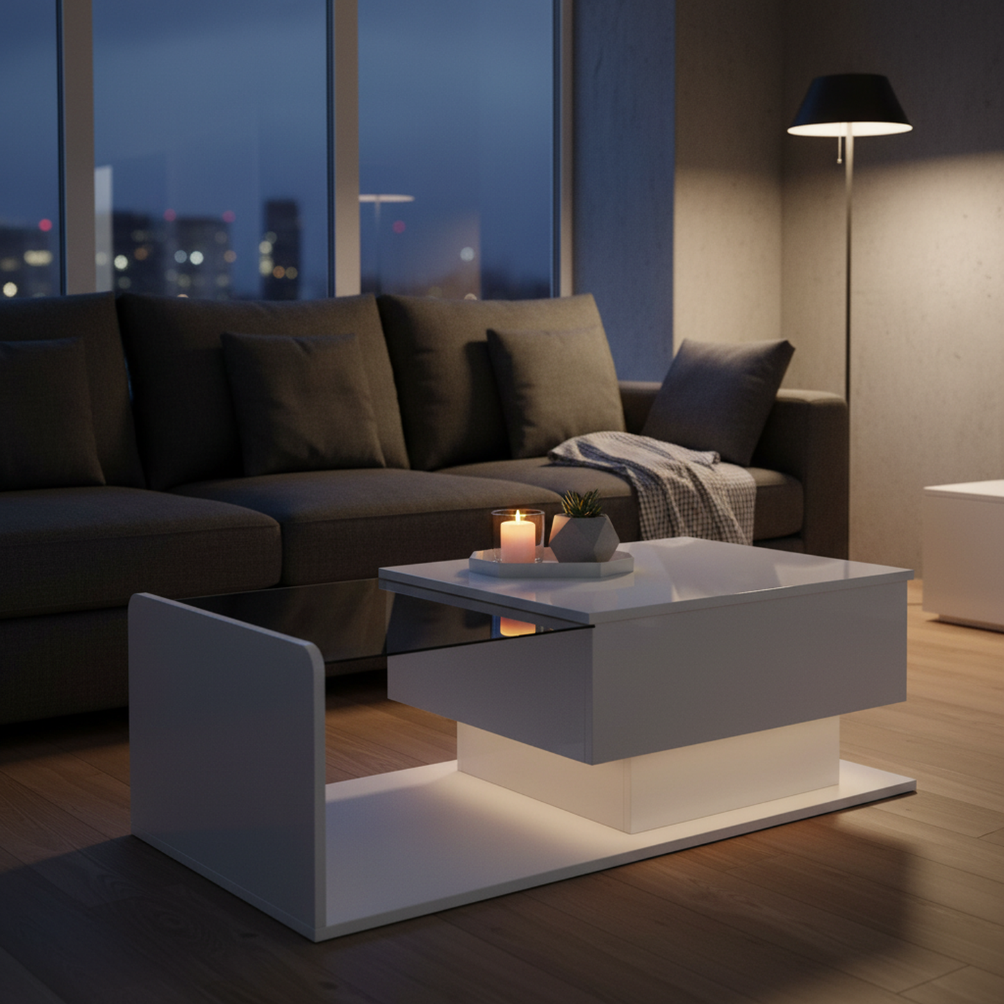 Mirella High-Gloss Lift-Top Coffee Table with LED Accent Lighting, White