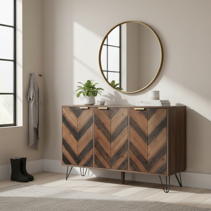 Arden Chevron Wood-Pattern 3-Door Sideboard with Adjustable Shelves, Natural