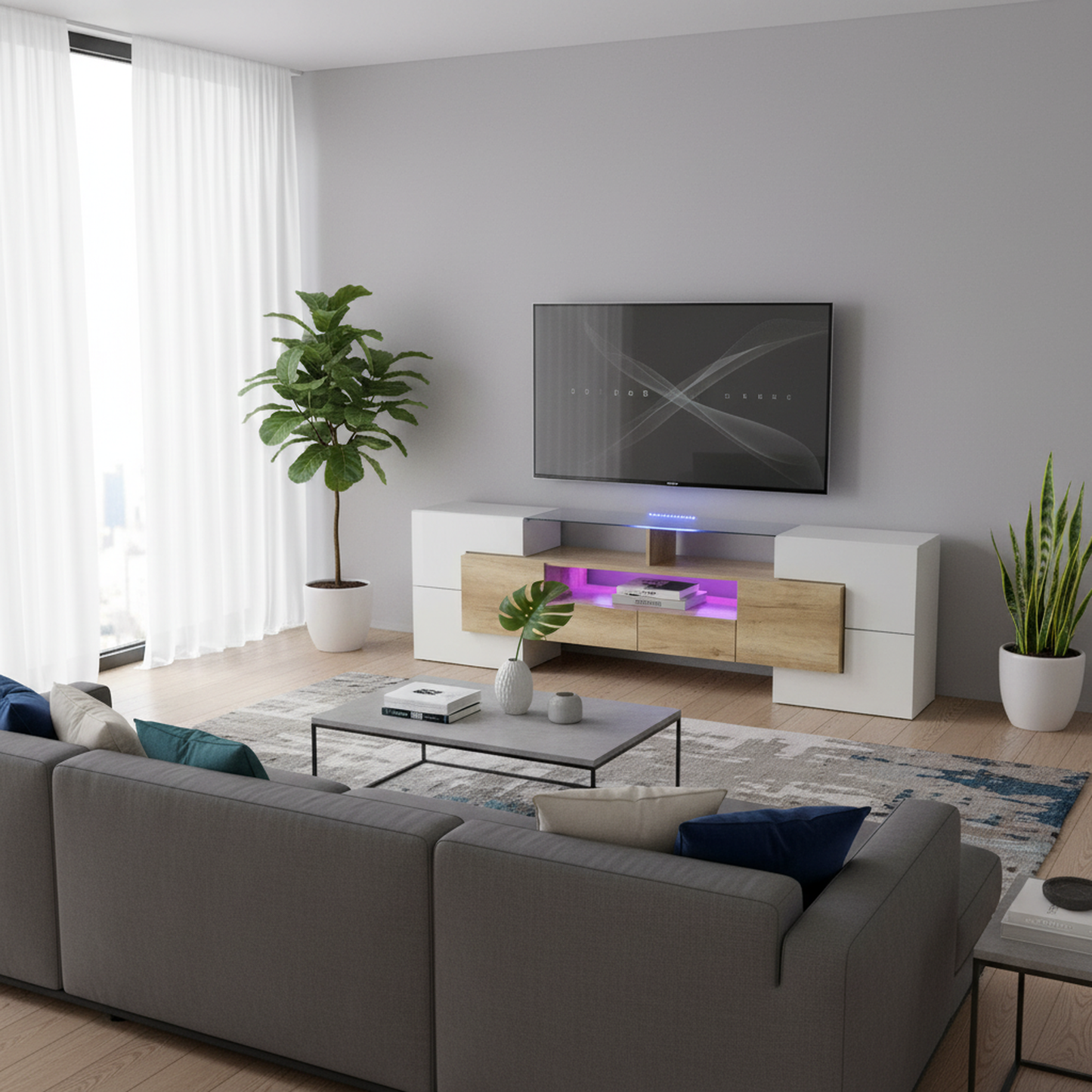 Yorkton TV Stand High-Gloss Modern with LED Lights, 78.7", White and Natural Oak