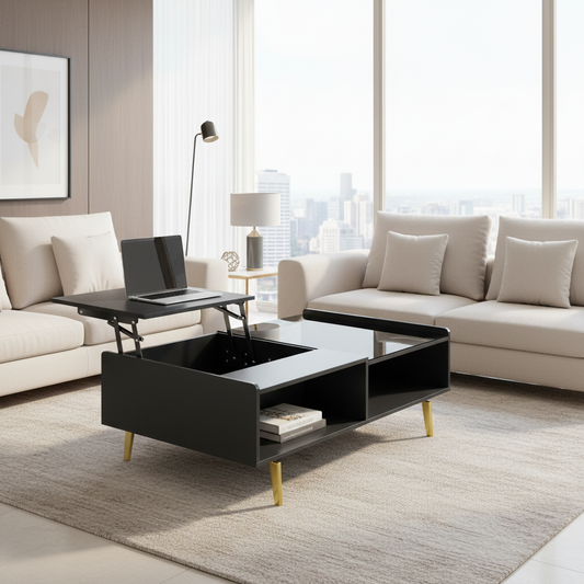 Aurora High-Gloss LED Lift-Top Coffee Table with Hidden Storage, Black